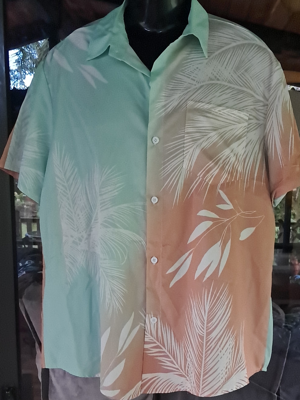 Men's Tropical Short-Sleeve Button-Up Shirt in Mint Green and Peach